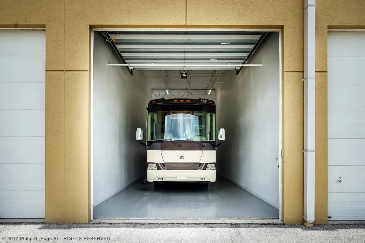 An RV parked inside a Vehicle Fortress garage condo unit