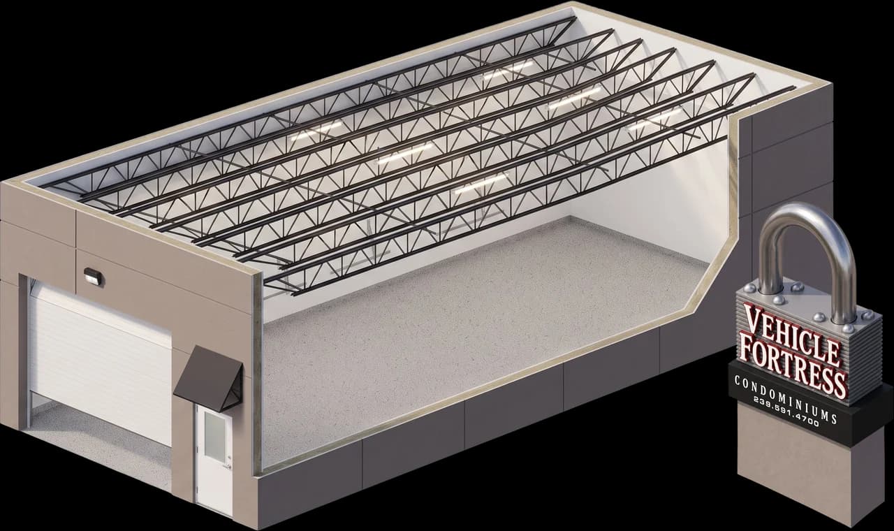 Cutaway render of a Vehicle Fortress unit showing the steel roof trusses, 20-foot ceiling, insulated overhead door, and interior lighting, with the Vehicle Fortress padlock sign alongside